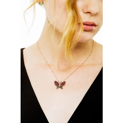 18k rose gold butterfly pendant with rubies and emeralds