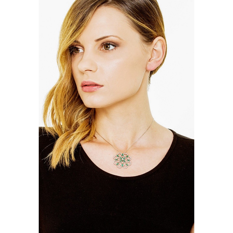 18k white gold rose window pendant with emeralds and diamonds