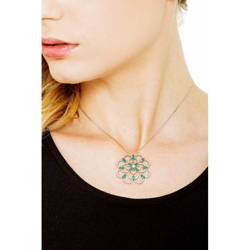 18k white gold rose window pendant with emeralds and diamonds
