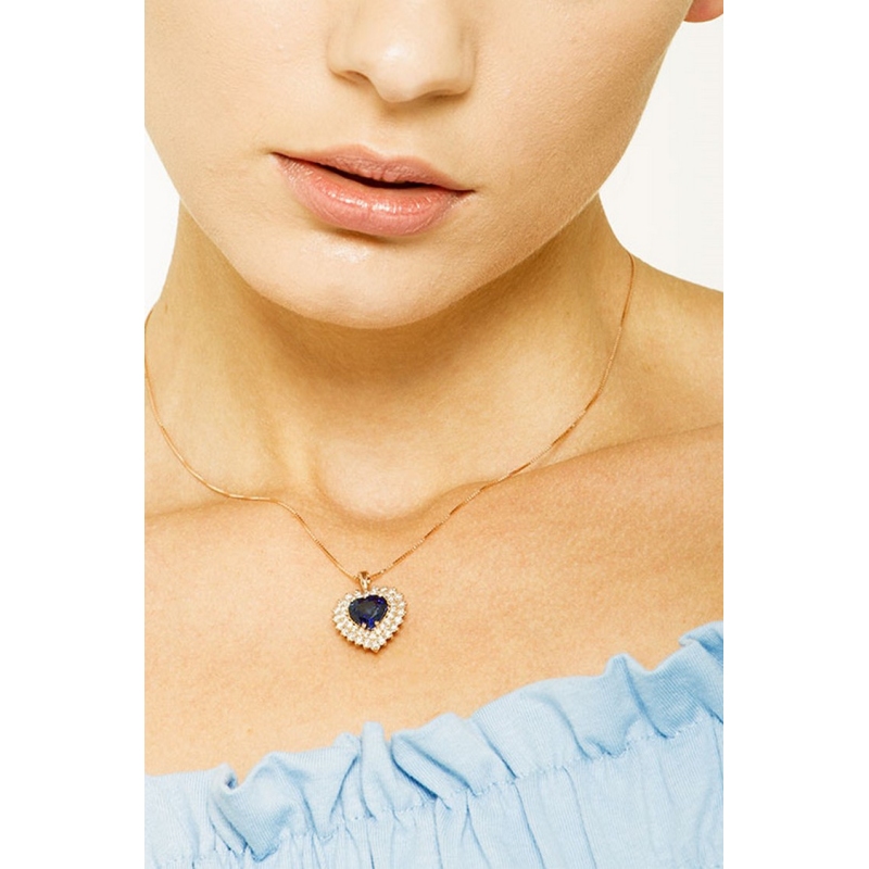 Necklace with pendant, central heart shaped sapphire and diamonds