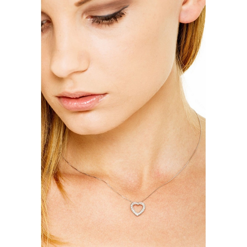 Collana in oro bianco 18k con pendente a cuore in diamanti, ct. 0,20