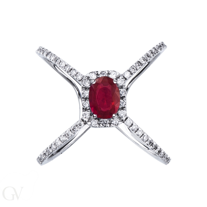 Criss cross ring white gold 18k with ruby and diamonds