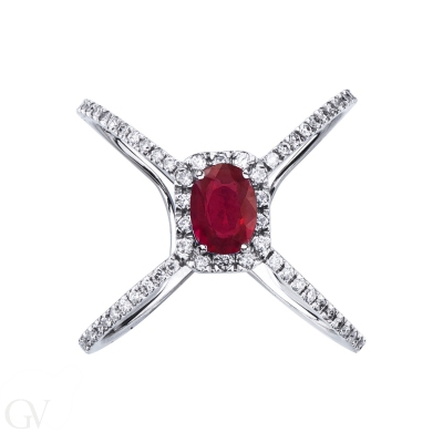 Criss cross ring white gold 18k with ruby and diamonds