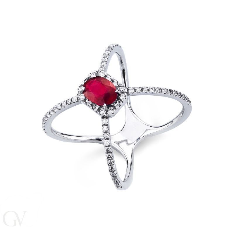 Criss cross ring white gold 18k with ruby and diamonds
