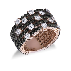 Tennis ring in rosé gold 18k with 5 rows of black and white diamonds 
