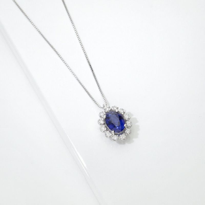 Collana contorno con zaffiro blu e diamanti oro bianco 18k