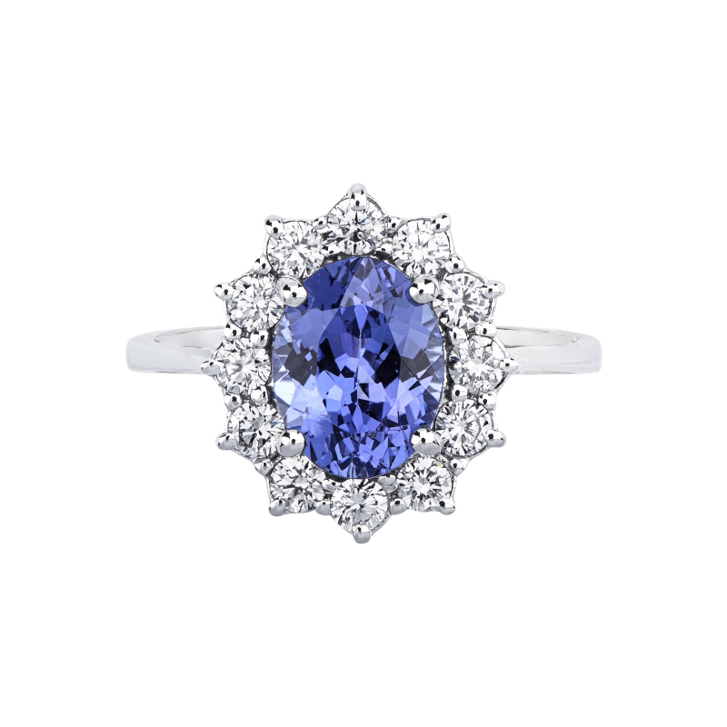 Anello con tanzanite ovale e diamanti in oro bianco 18k