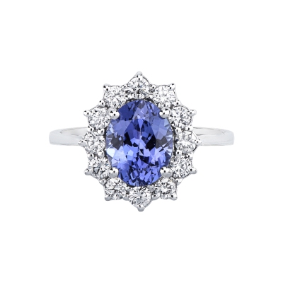 Anello con tanzanite ovale e diamanti in oro bianco 18k