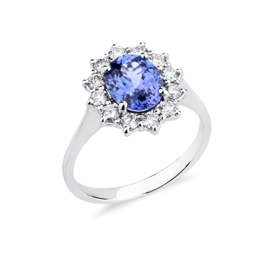 Anello con tanzanite ovale e diamanti in oro bianco 18k
