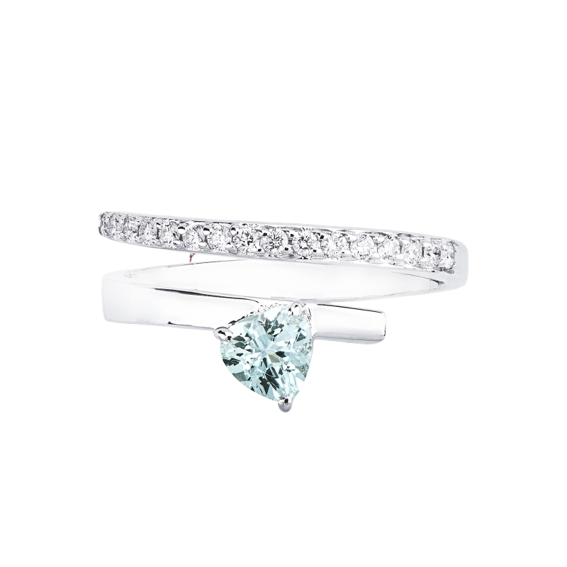 Anello contrarié con acquamarina e diamanti in oro bianco