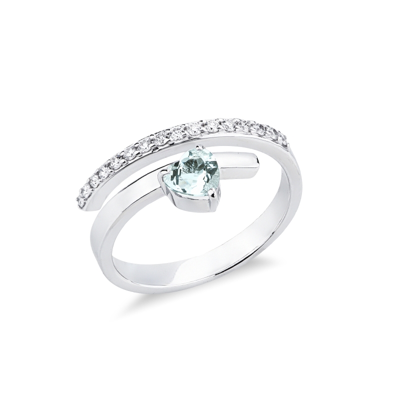 Anello contrarié con acquamarina e diamanti in oro bianco