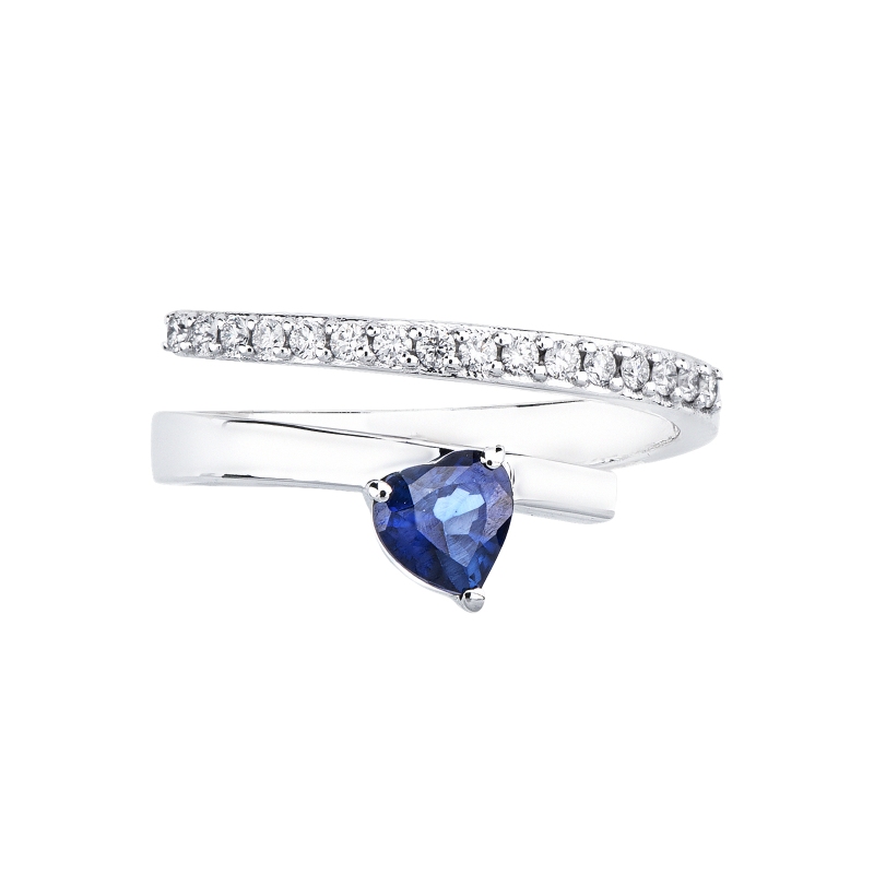 Anello contrariè con diamanti e zaffiro blu a cuore oro bianco