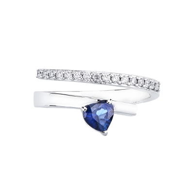 Anello contrariè con diamanti e zaffiro blu a cuore oro bianco