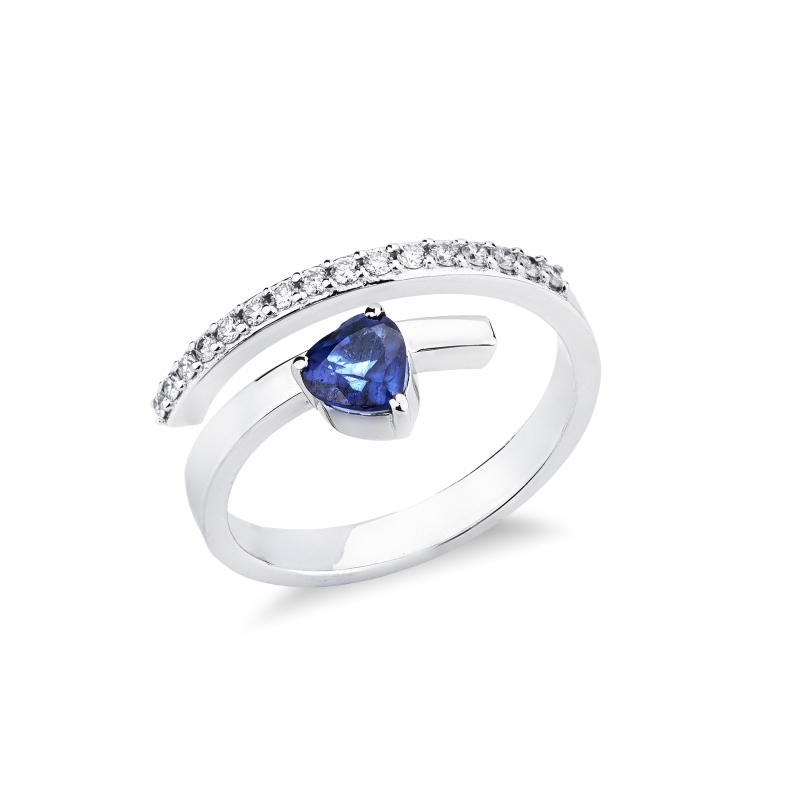 Anello contrariè con diamanti e zaffiro blu a cuore oro bianco