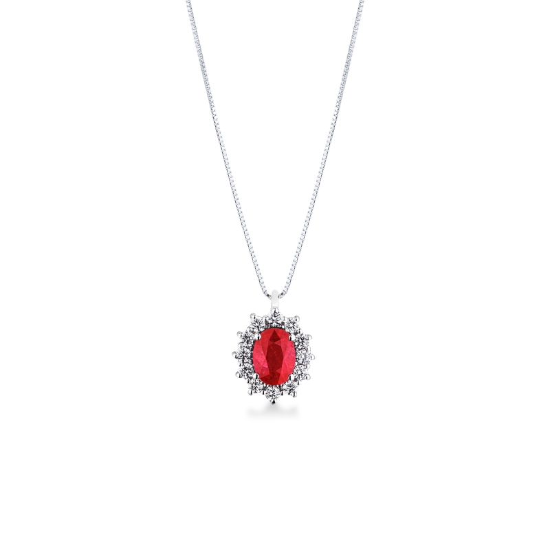 Collana oro bianco 18k con rubino e diamanti a contorno