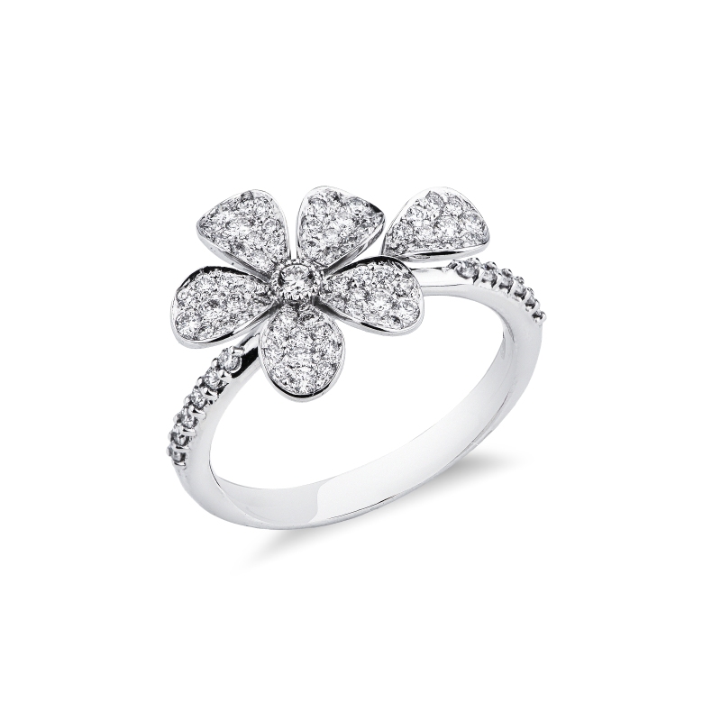 Anello con fiore in diamanti oro bianco 18k