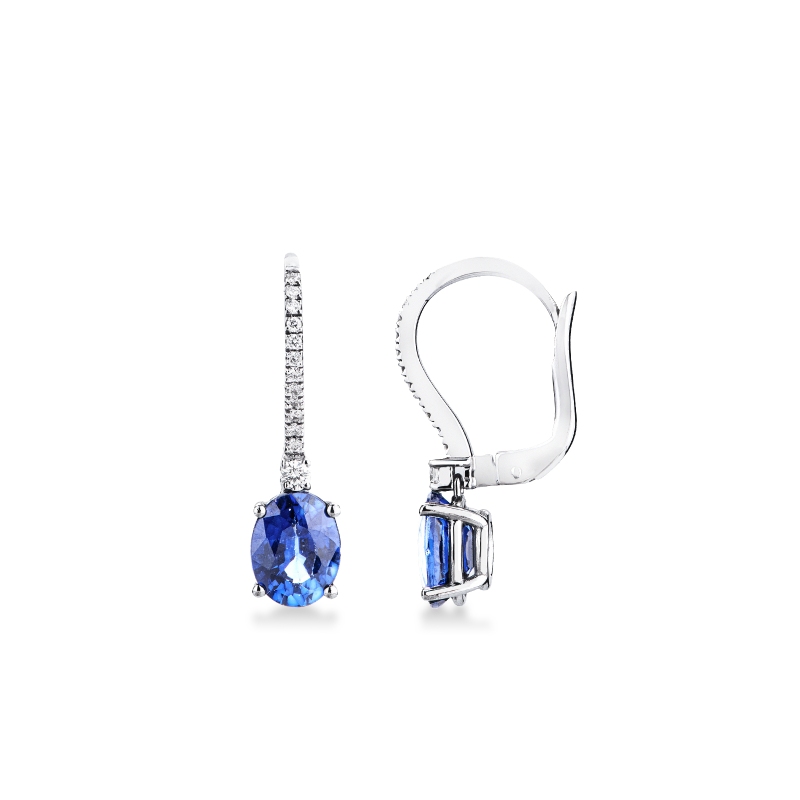 Orecchini pendenti con zaffiri blu e diamanti oro bianco