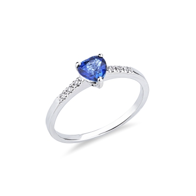 Anello in oro bianco 18k con cuore in zaffiro blu e diamanti