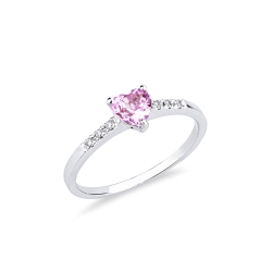 Anello oro bianco 18k zaffiro rosa centrale a cuore e diamanti sul gambo