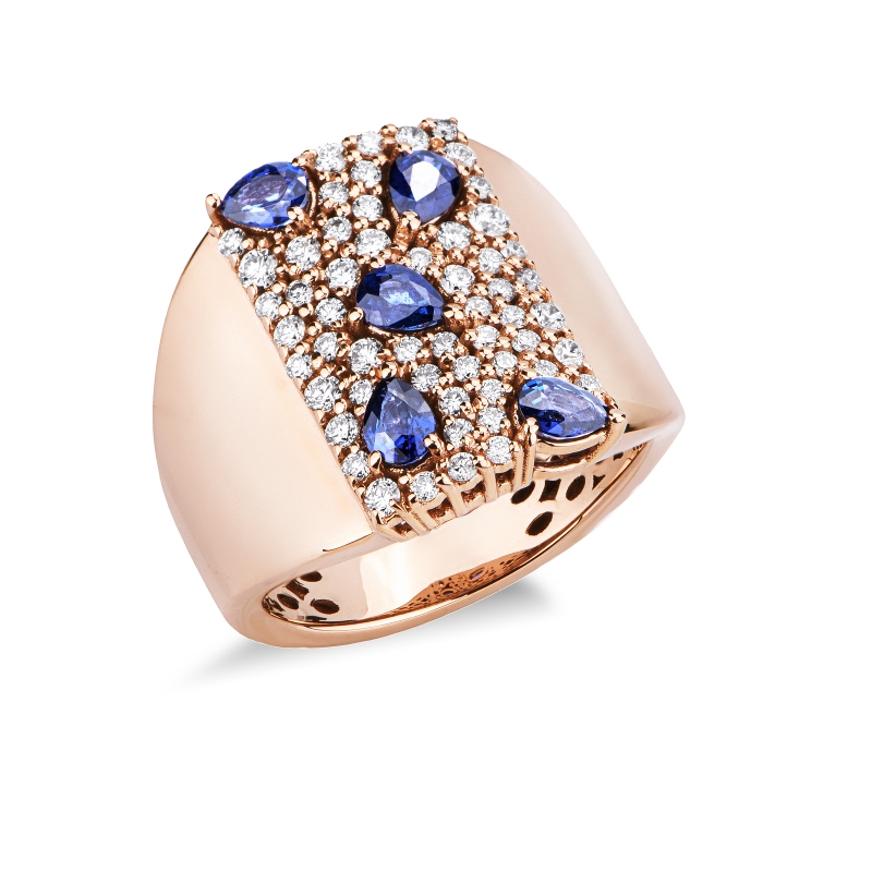 Anello a fascia in oro rosa 18k con zaffiri a goccia e diamanti