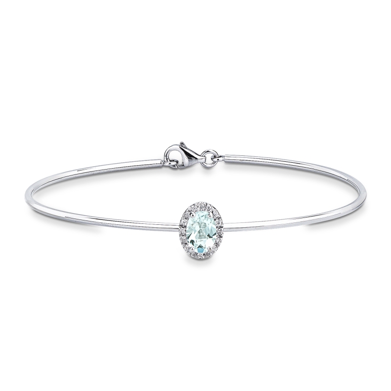 Bracciale rigido in oro bianco 18k con acquamarina ovale 7x5 mm e diamanti