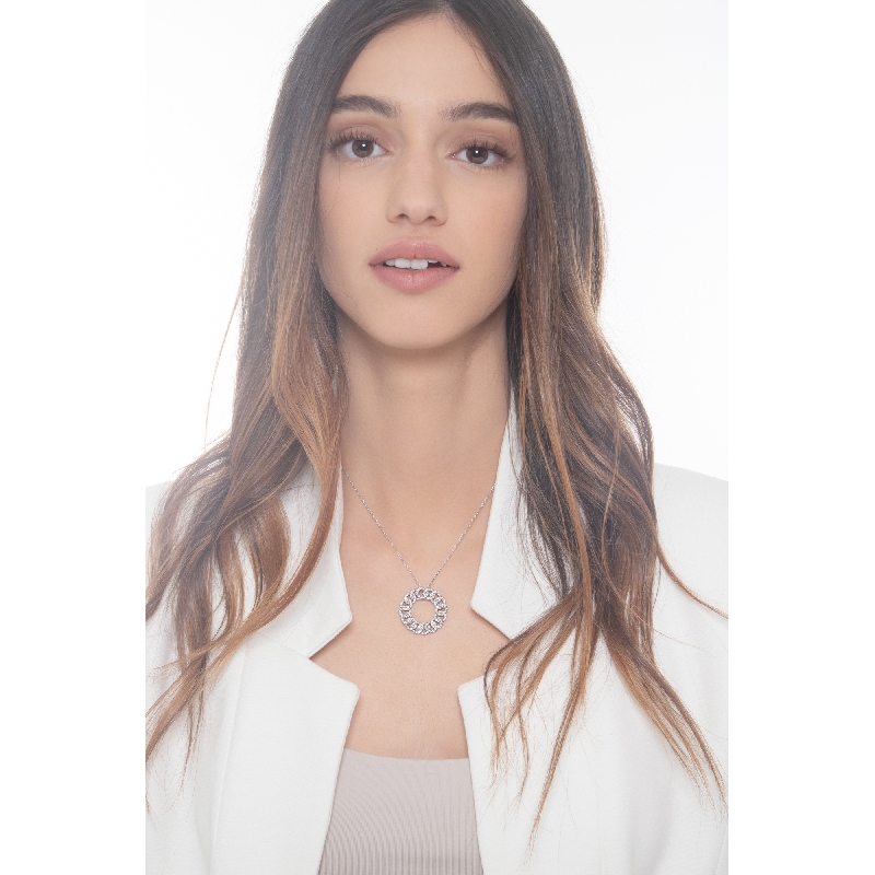 Collana a cerchio maglia groumette in oro bianco 18k con diamanti. Diametro circa 2.65 cm