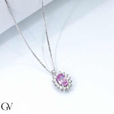 Necklace with pendant, central oval pink sapphire and crowned by diamonds