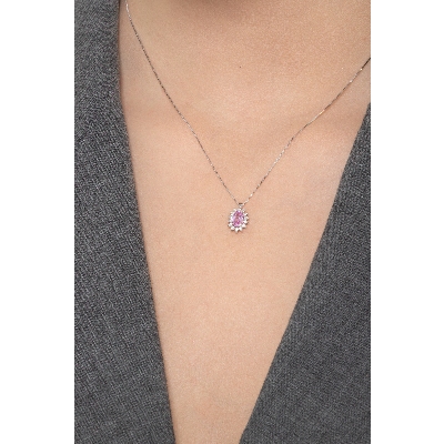 Necklace with pendant, central oval pink sapphire and crowned by diamonds