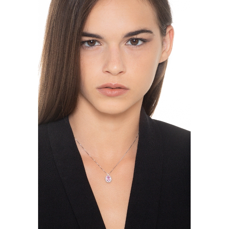 Ciondolo in oro bianco 18k con Zaffiro rosa ovale e diamanti