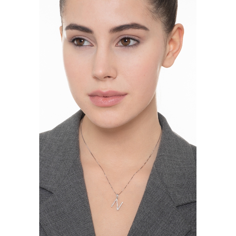 Letter N pendant with diamonds in 18k white gold