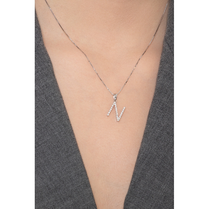 Letter N pendant with diamonds in 18k white gold