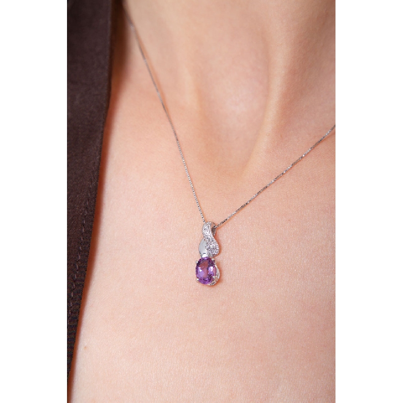 Collana Miore In Argento 925 Con Ametista Naturale 5,10 Ct E Zirconi - Ciondolo Taglio Brillante, Catena 45 Cm