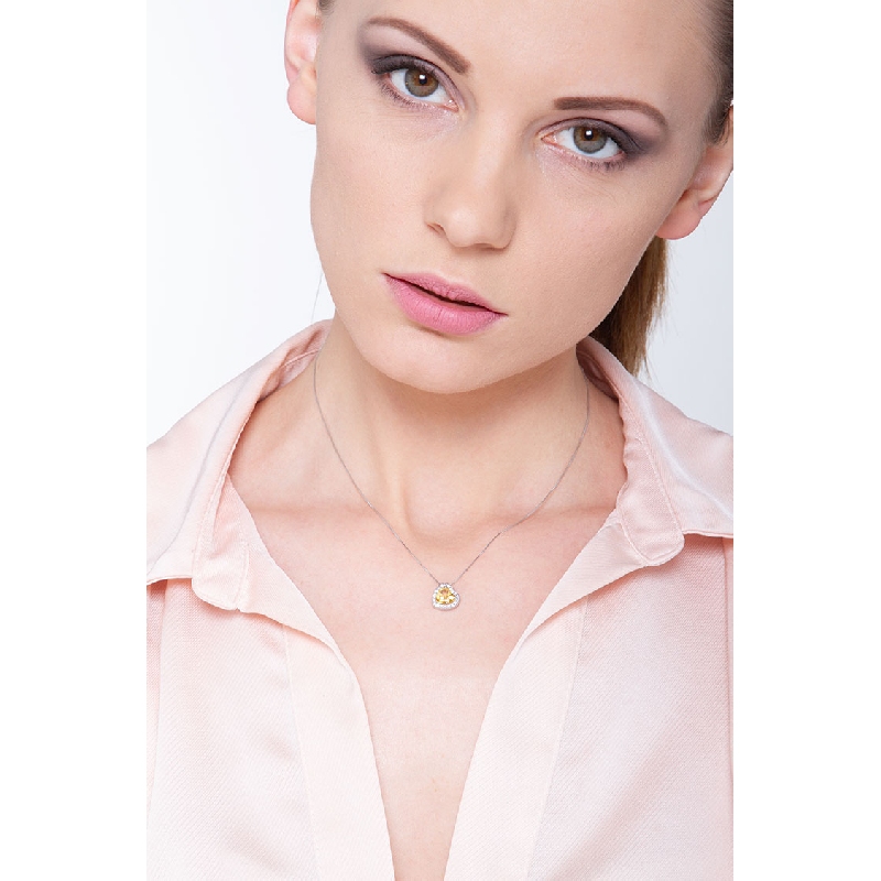 Necklace with inclined pendant, heart cut citrine and diamonds