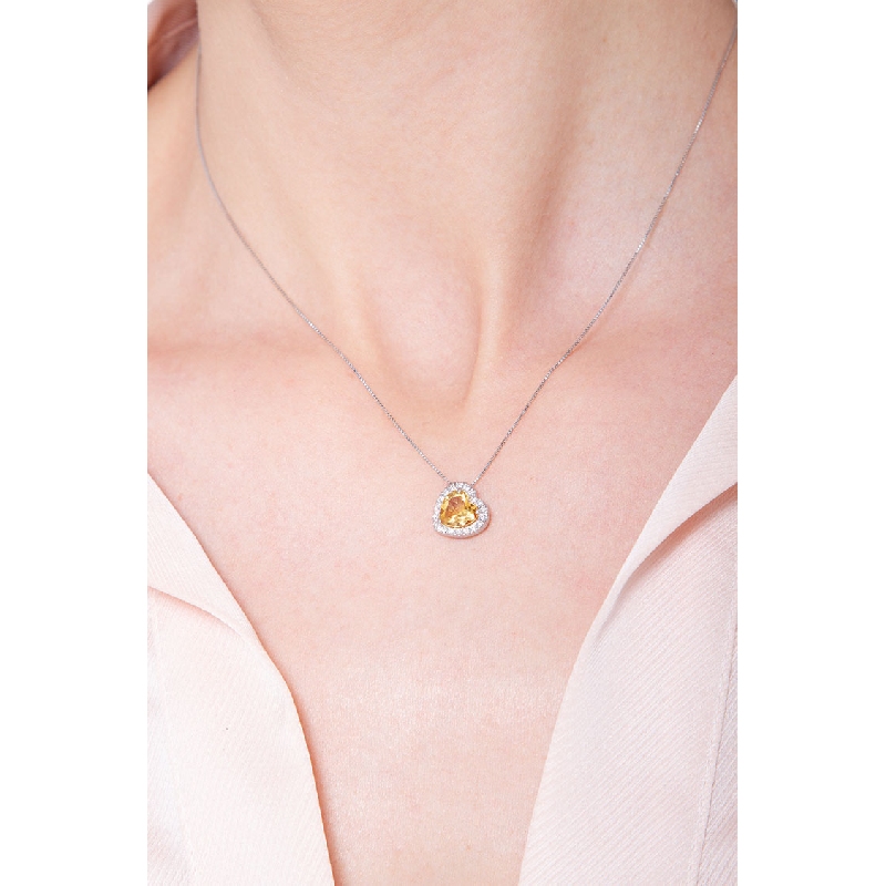 Necklace with inclined pendant, heart cut citrine and diamonds