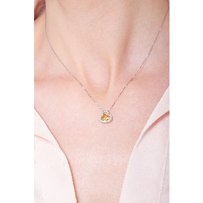 Necklace with inclined pendant, heart cut citrine and diamonds