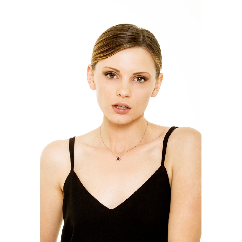 Necklace with inclined pendant, heart cut ruby and diamonds