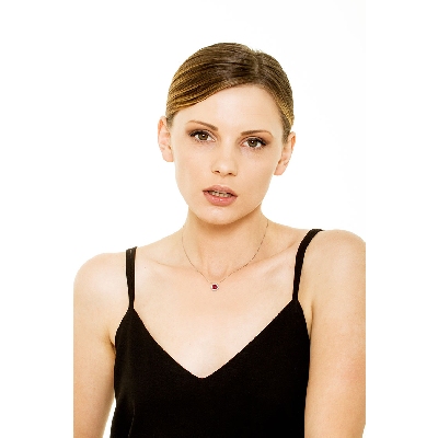 Necklace with inclined pendant, heart cut ruby and diamonds