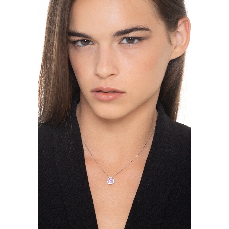 Necklace with inclined pendant, central pink sapphire and diamonds