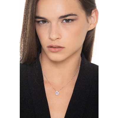 Necklace with inclined pendant, central pink sapphire and diamonds