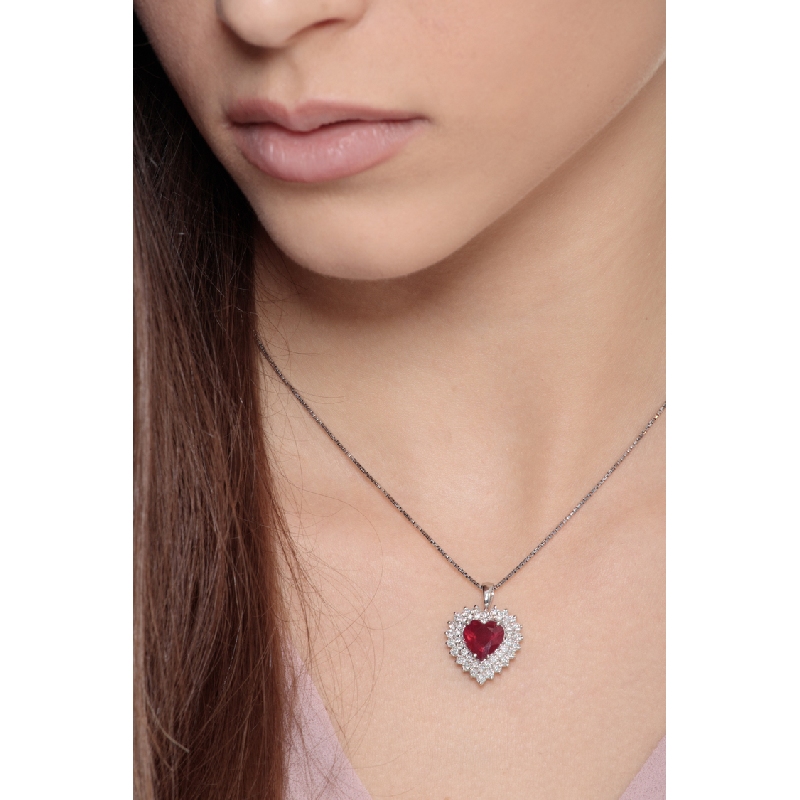 Necklace with pendant, heart cut ruby and a 2 rows of diamonds