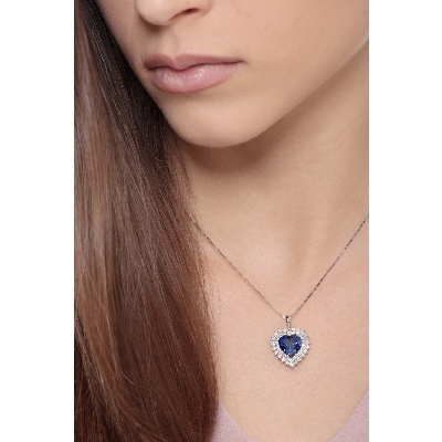 Necklace with heart shaped pendant,blue sapphire and diamonds