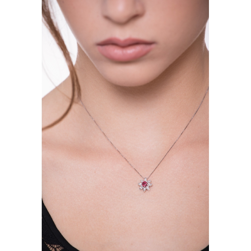 Necklace with pendant, central ruby and diamond petals
