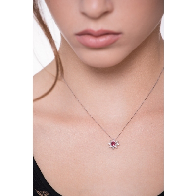 Necklace with pendant, central ruby and diamond petals