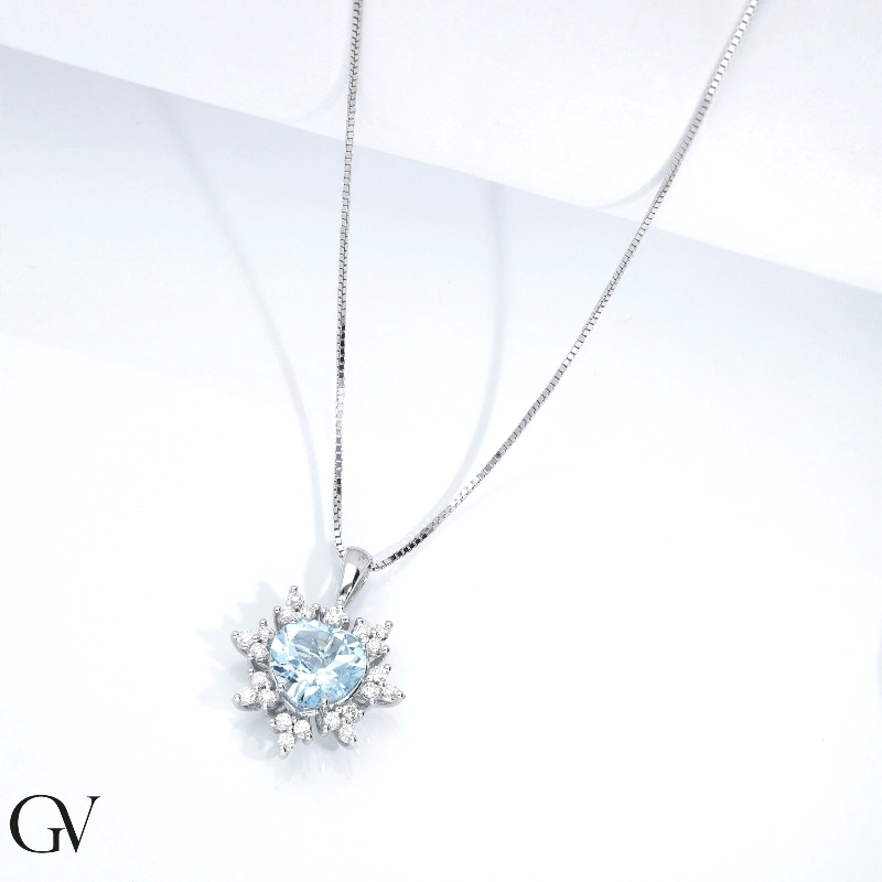 Necklace with pendant,central aquamarine and diamond petals 