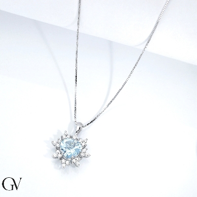 Necklace with pendant,central aquamarine and diamond petals 