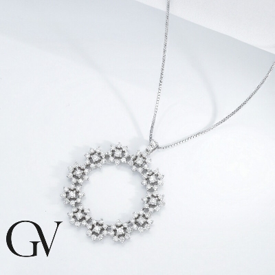 18k white gold halo necklace with eleven diamond flowers