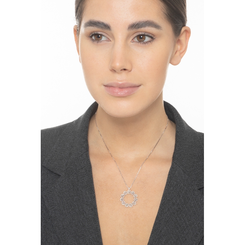 18k white gold halo necklace with eleven diamond flowers