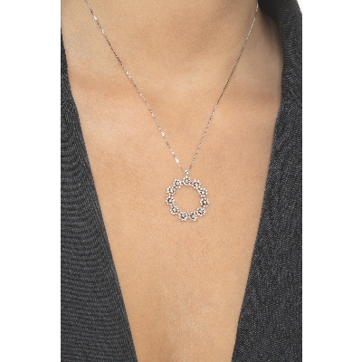 18k white gold halo necklace with eleven diamond flowers