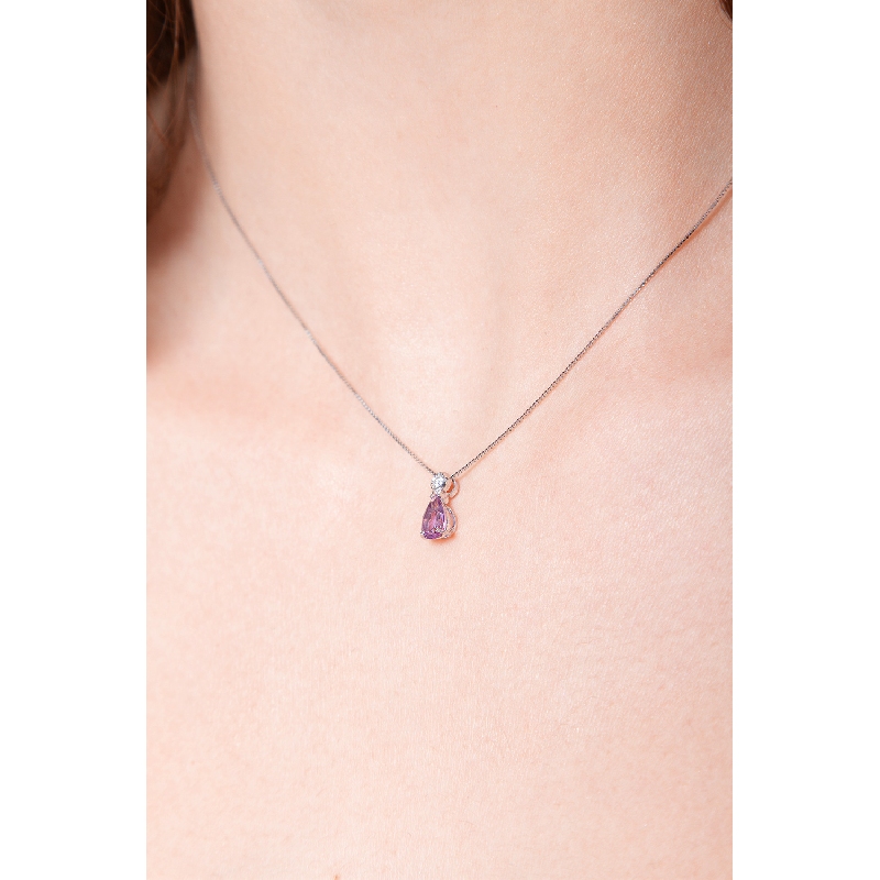 18k white gold necklace with diamond and pear cut amethyst pendant
