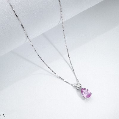 18k white gold necklace with pink sapphire pear cut and diamond